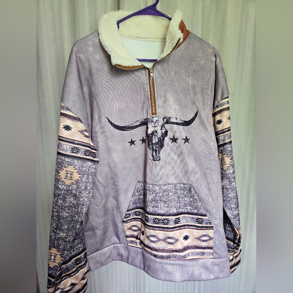 Western Style Pullover with Bull Skull Design